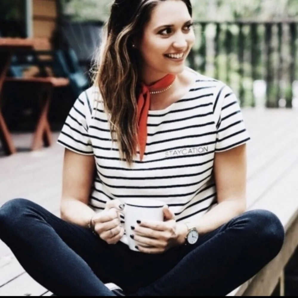 MADEWELL Staycation Embroidered Boxy Blue Ecru Stripe Tee NWT - Picture 7 of 11